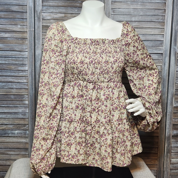Hailey & Co Women's Floral Multicolor Smocked Peplum Top Large Peasant Tunic - Picture 1 of 13